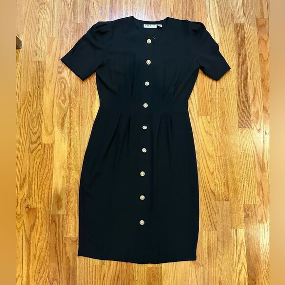 VINTAGE Black Midi Dress w/ Gold Buttons - Picture 1 of 5